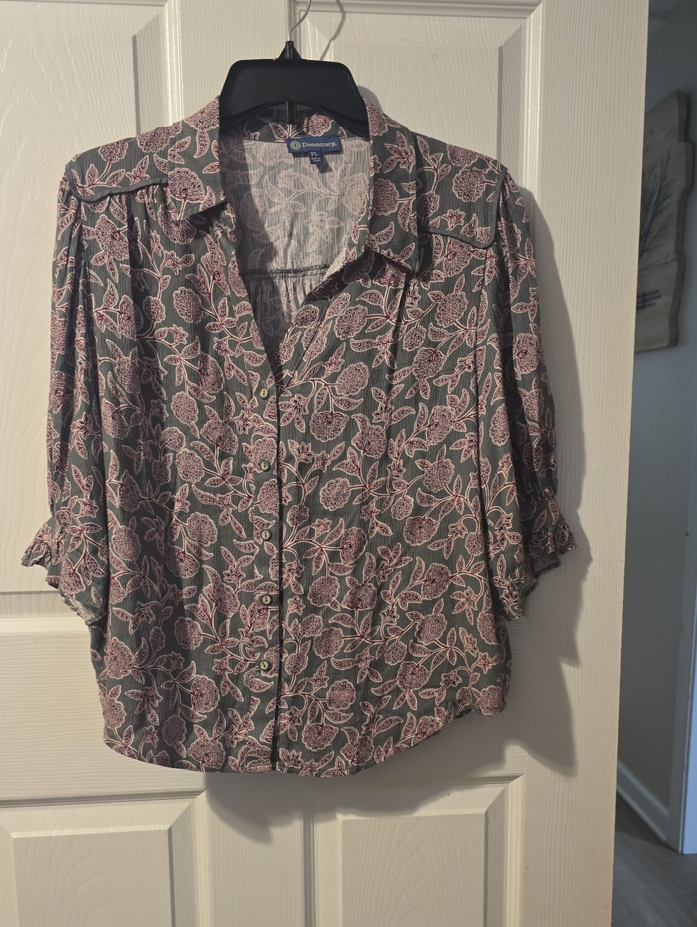 Democracy Gray Button-Down Shirt with Pink Floral Print